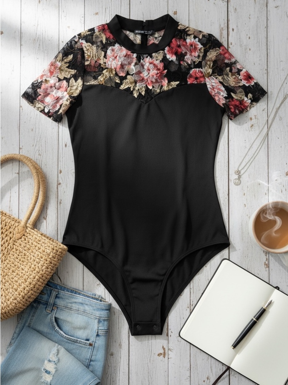 SHEIN Black Floral Lace Trim Blouse with Rose Accents